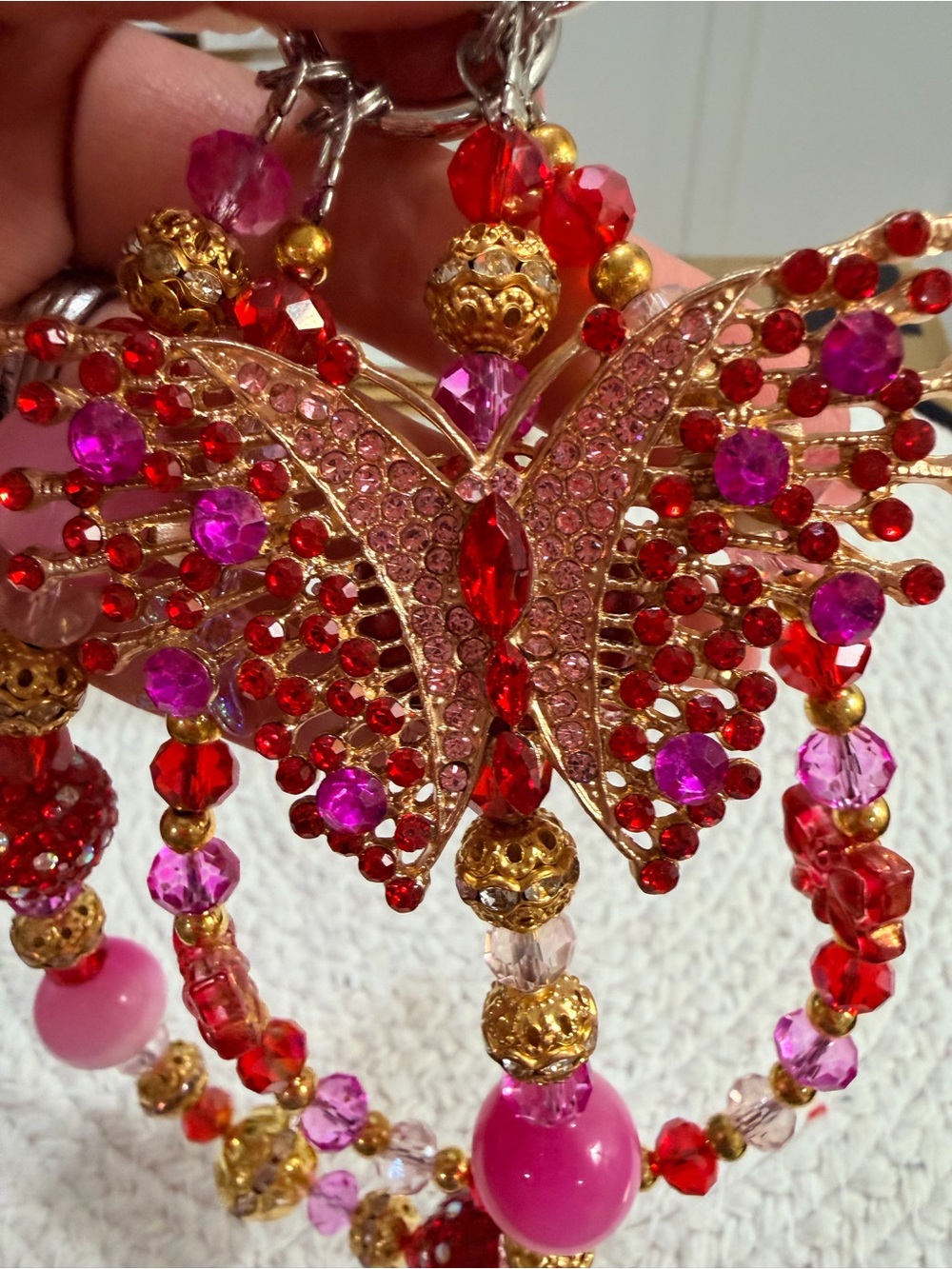 Pink Red Rhinestone Butterfly Beaded Bag Charm | NEW